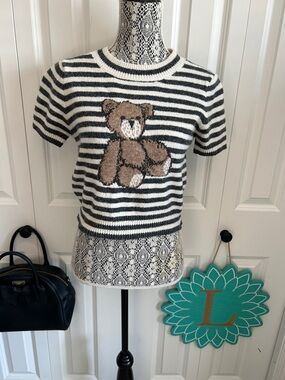 Freshman 1996 Teddy Bear Intarsia Knit Striped Sweater - Coquette Aesthetic